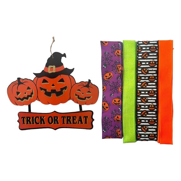 Trick or Treat Sign & Halloween Ribbon Bundle | Pumpkin DIY Wreath Kit Supplies - Picture 1 of 5